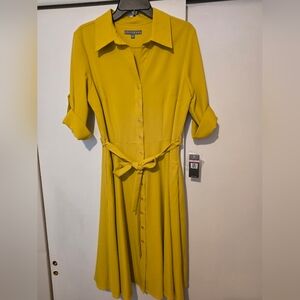 Sharagano Ladies Mustard Color Midi Dress with Tie Waist, 3/4 Sleeves, Size 10
